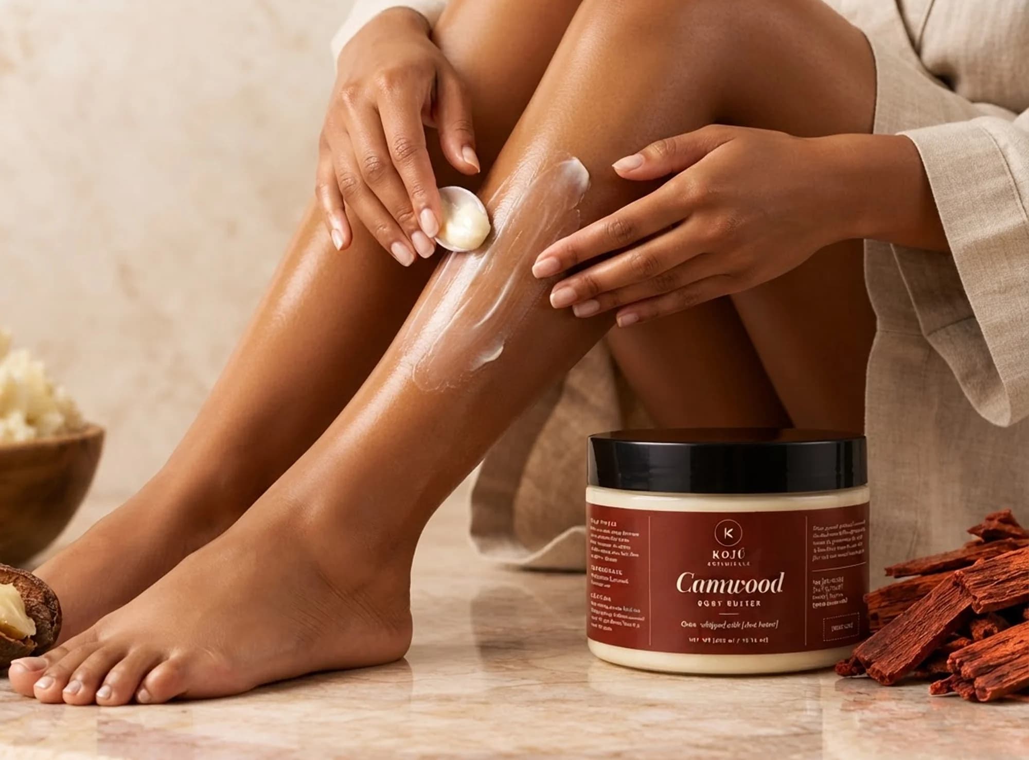 Hands smoothing Camwood Body Butter onto a leg, with raw shea and camwood beside the jar