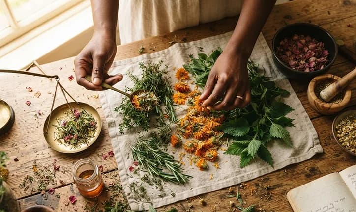 Hands sorting calendula, nettle and rose petals on linen